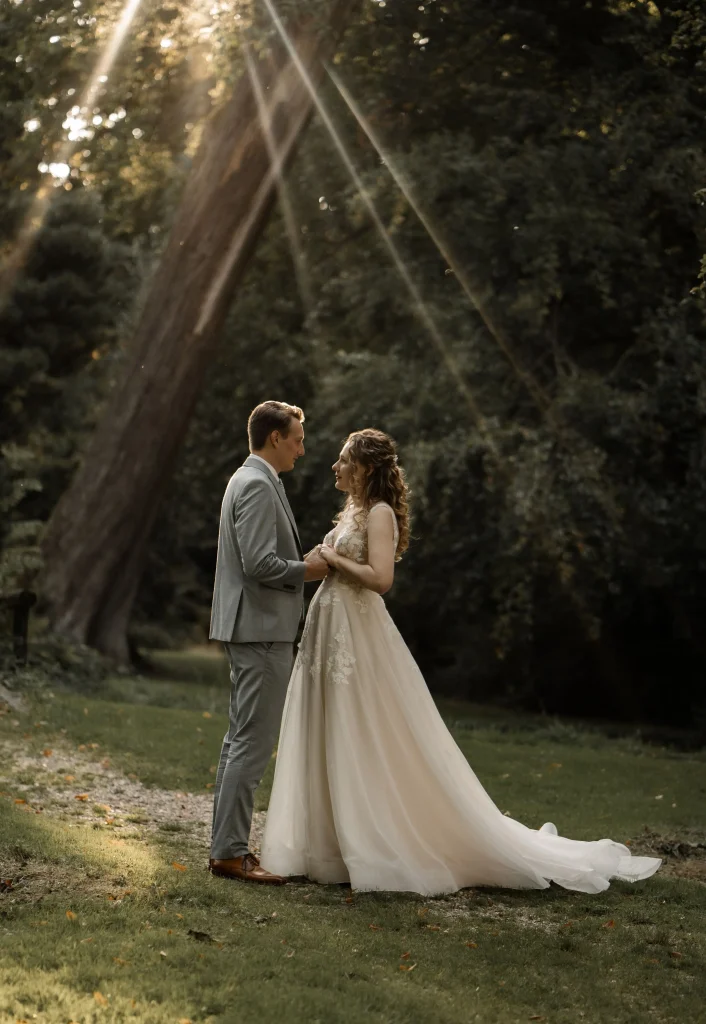 Ein Hochzeitspaar nach dem Sektempfang halten die Hände.